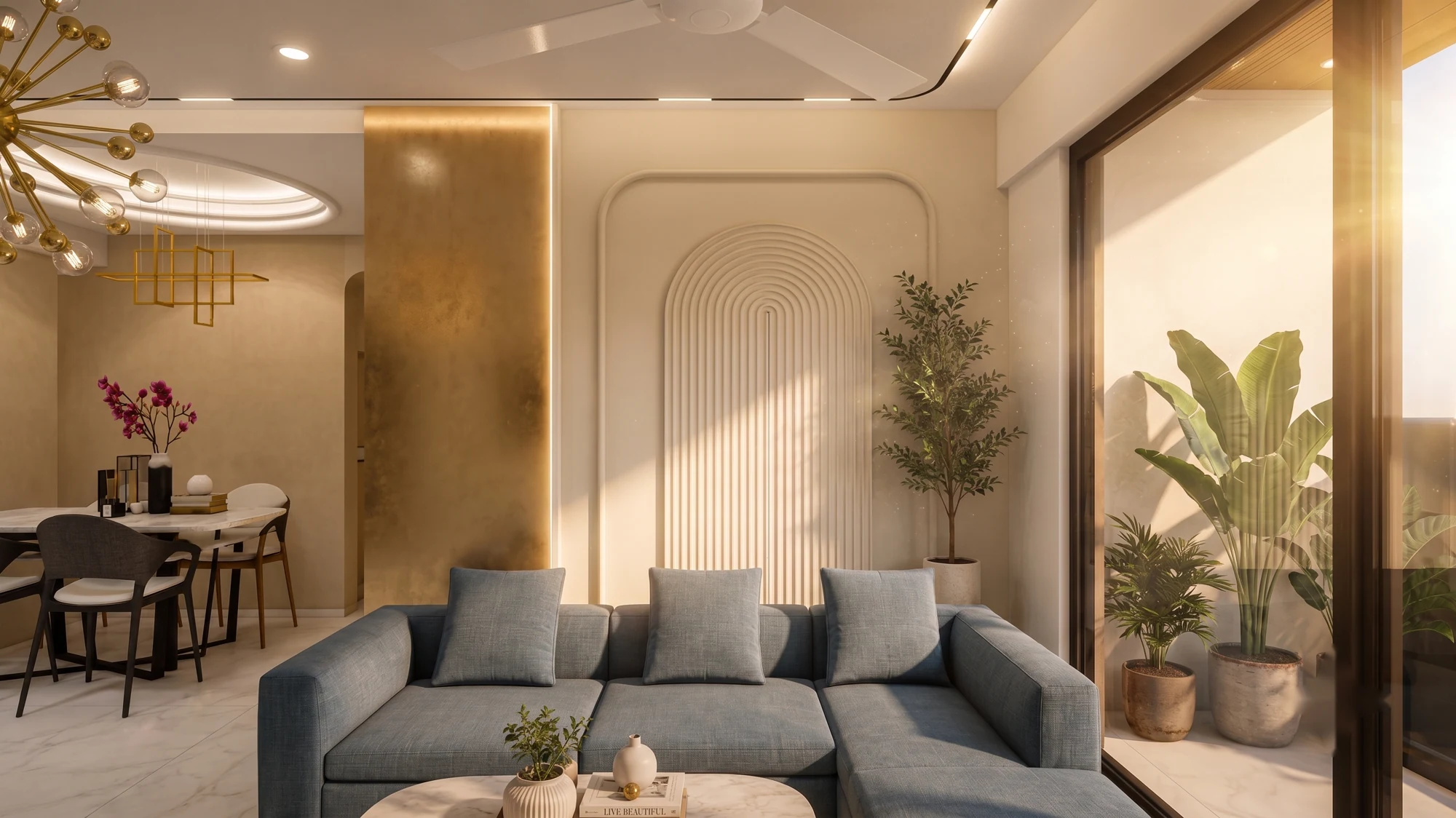 4 BHK · K Shire — Living & dining, before and after — after