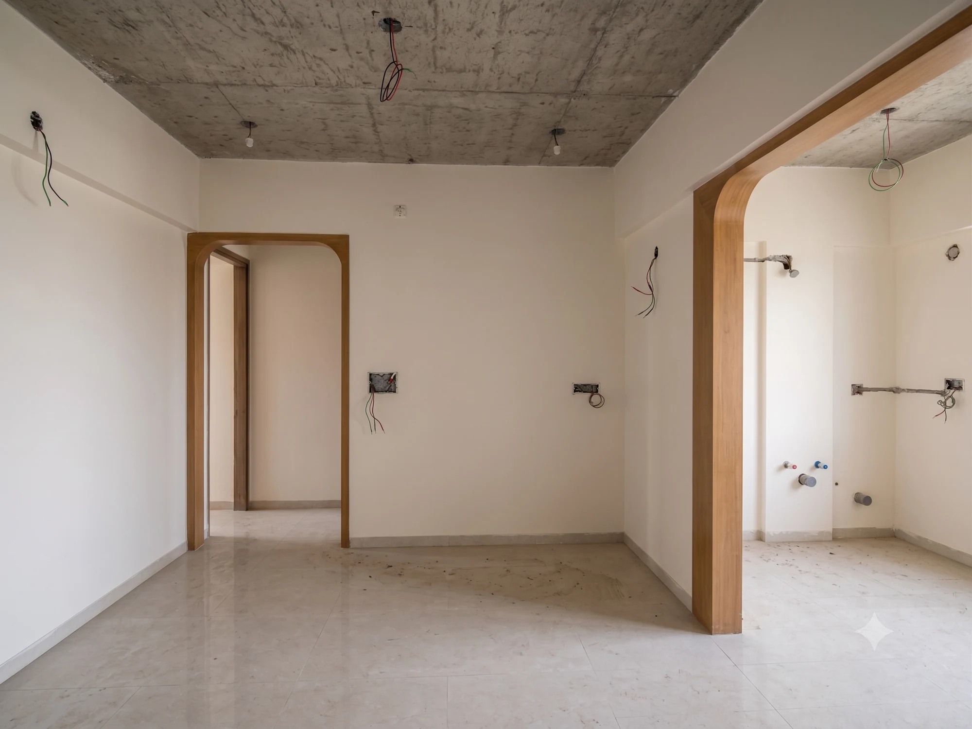 3 BHK · Bella Casa Royal — Living & dining, before and after — before