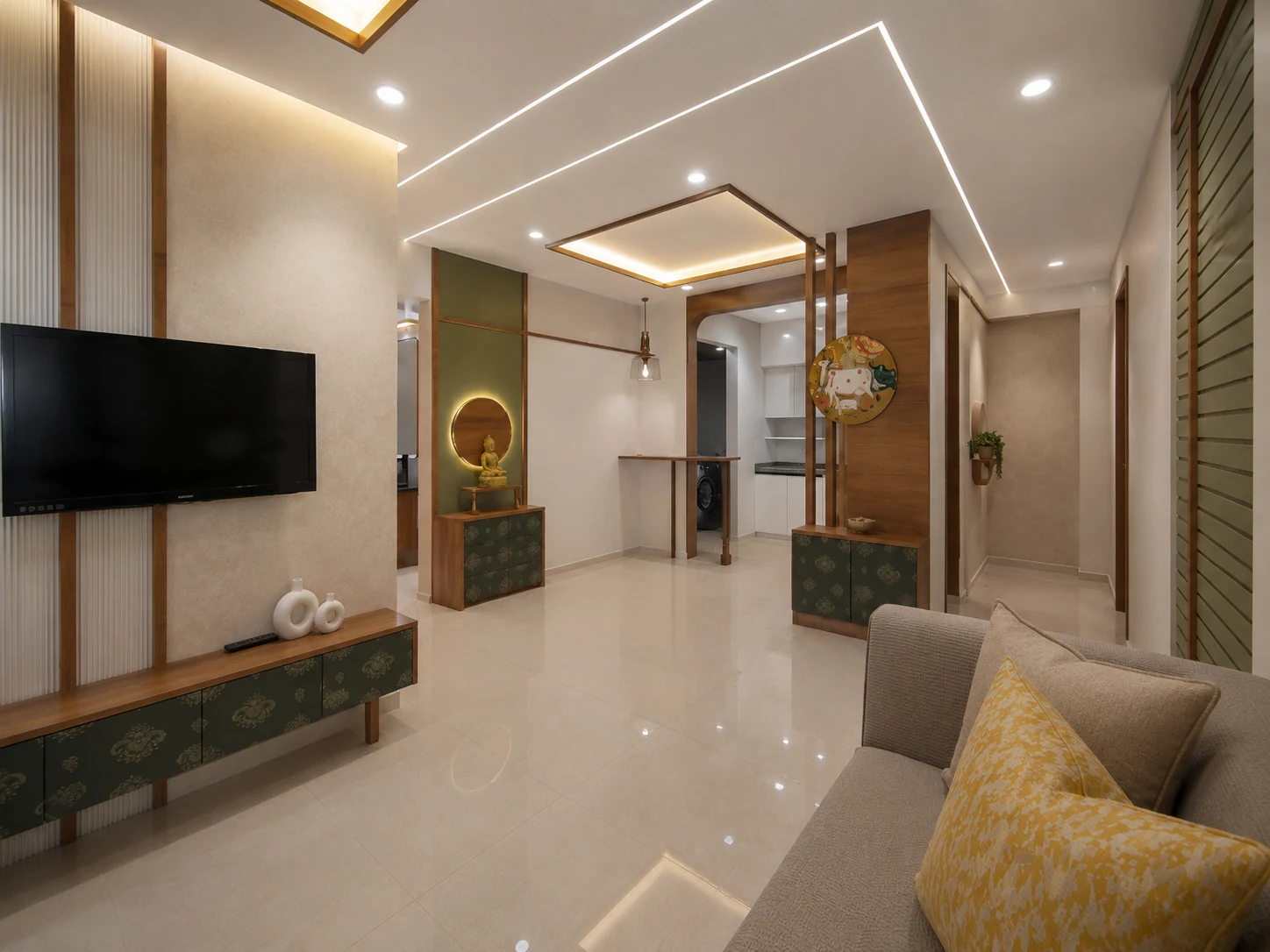 2 BHK · Ganga Acropolis — Living & dining, before and after — after